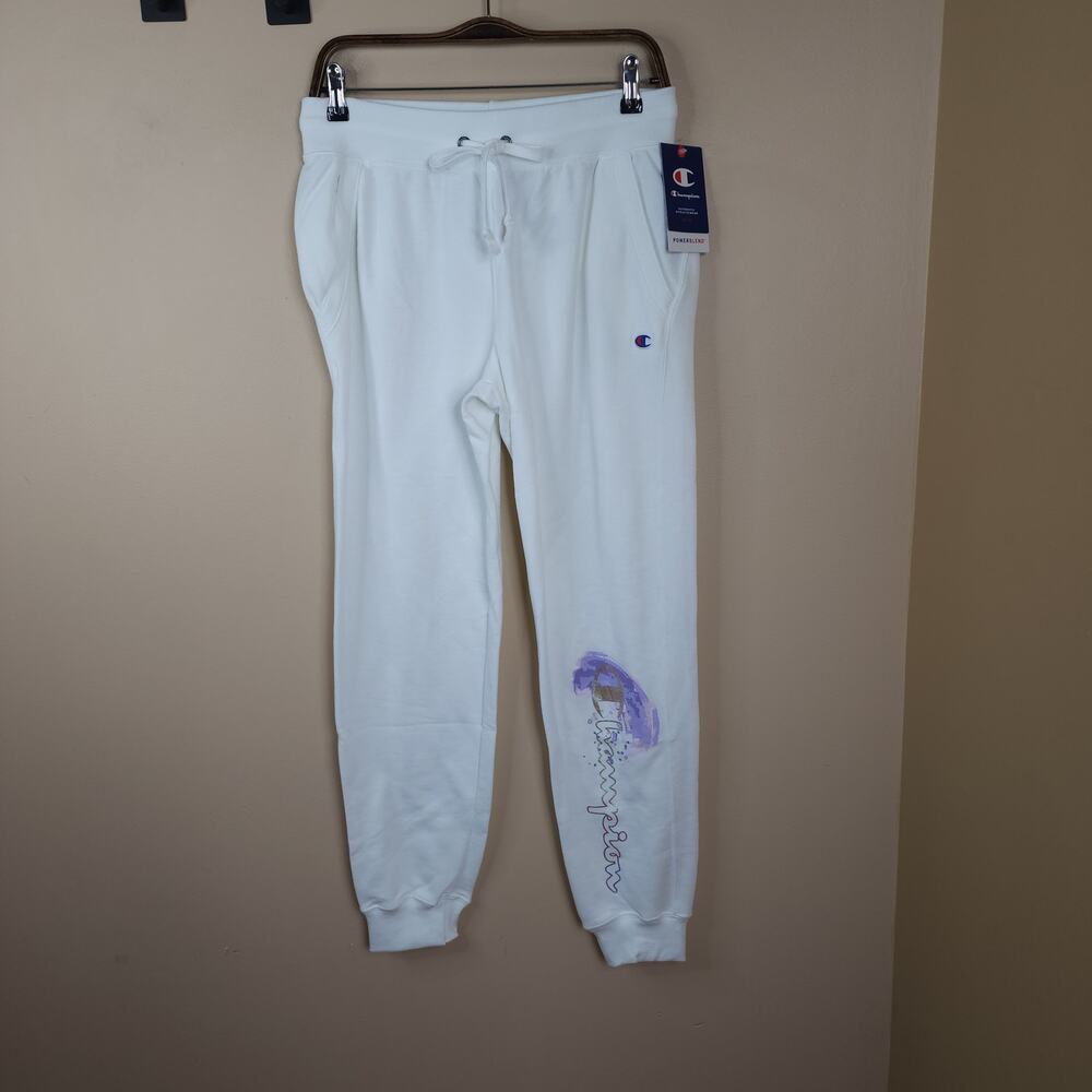 Champion Powerblend Fleece Joggers, Crashing Wave & Script Logo in White Size M